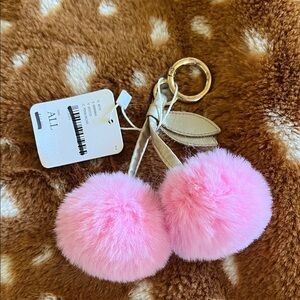 Pink Cherry Fluffy Pom Pom Keychain
